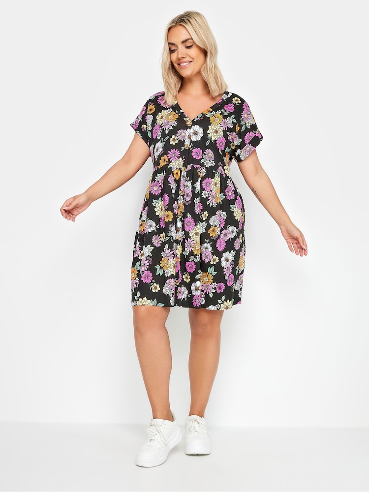 Yours Curve Black 100% Cotton Limited Button Front Smock Dress - Image 2 of 5