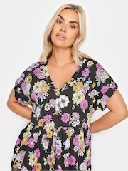 Yours Curve Black 100% Cotton Limited Button Front Smock Dress - Image 4 of 5
