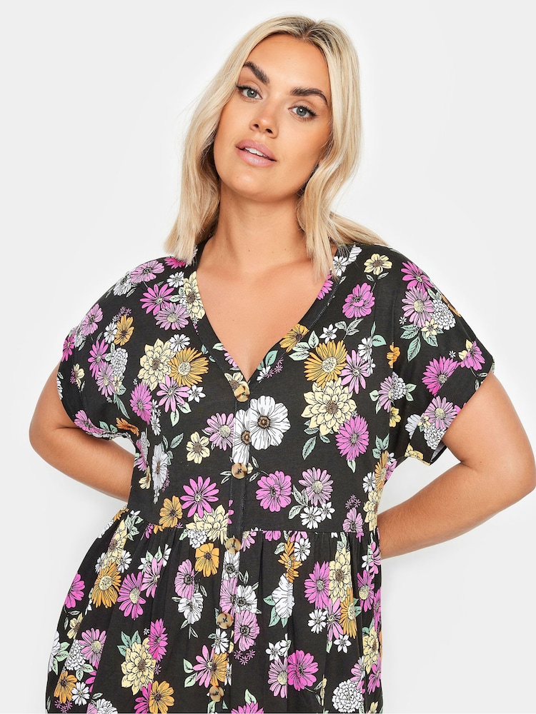 Yours Curve Black 100% Cotton Limited Button Front Smock Dress - Image 4 of 5