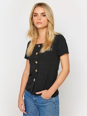 PixieGirl Petite Black Ribbed Button Detail T-Shirt - Image 1 of 4