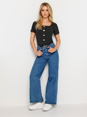 PixieGirl Petite Black Ribbed Button Detail T-Shirt - Image 2 of 4