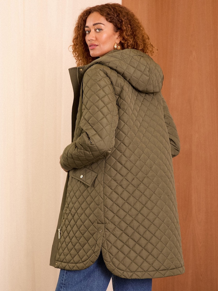 Love & Roses Khaki Green Shower Resistant Hooded Quilted Coat - Image 4 of 4