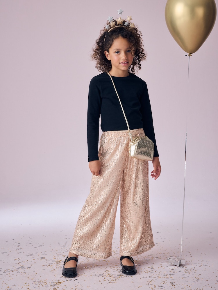 Gold Wide Leg Sequin Trousers (3-16yrs) - Image 1 of 6 Gold Wide Leg Sequin Trousers (3-16yrs) - Image 1 of 6