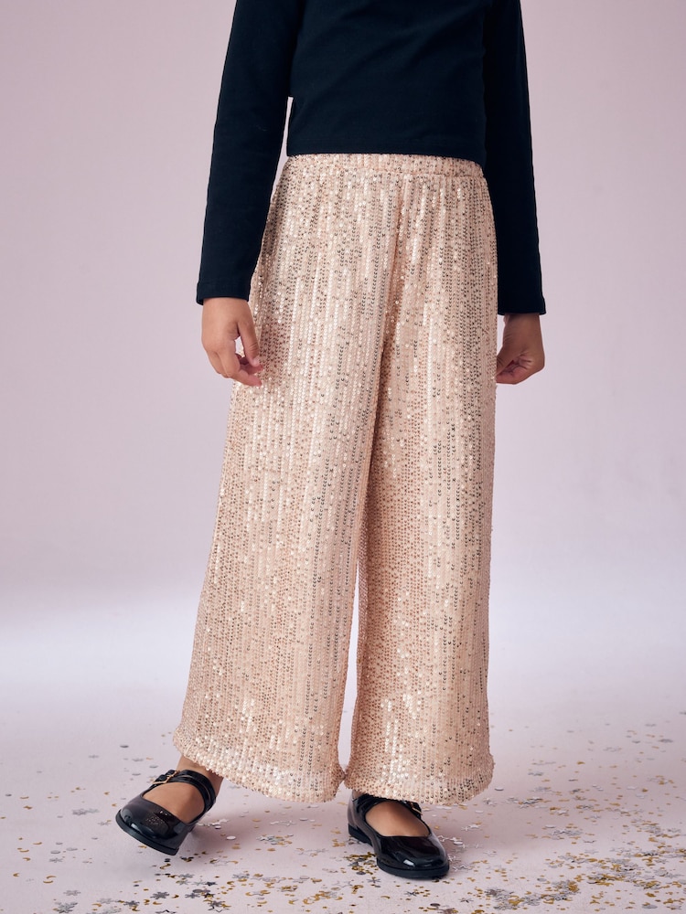 Gold Wide Leg Sequin Trousers (3-16yrs) - Image 2 of 6 Gold Wide Leg Sequin Trousers (3-16yrs) - Image 2 of 6