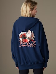 Navy Coca Cola Official License Christmas Santa Novelty Back Graphic Hoodie Sweatshirt - Image 1 of 8