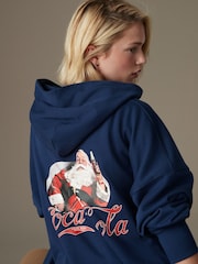 Navy Coca Cola Official License Christmas Santa Novelty Back Graphic Hoodie Sweatshirt - Image 2 of 8