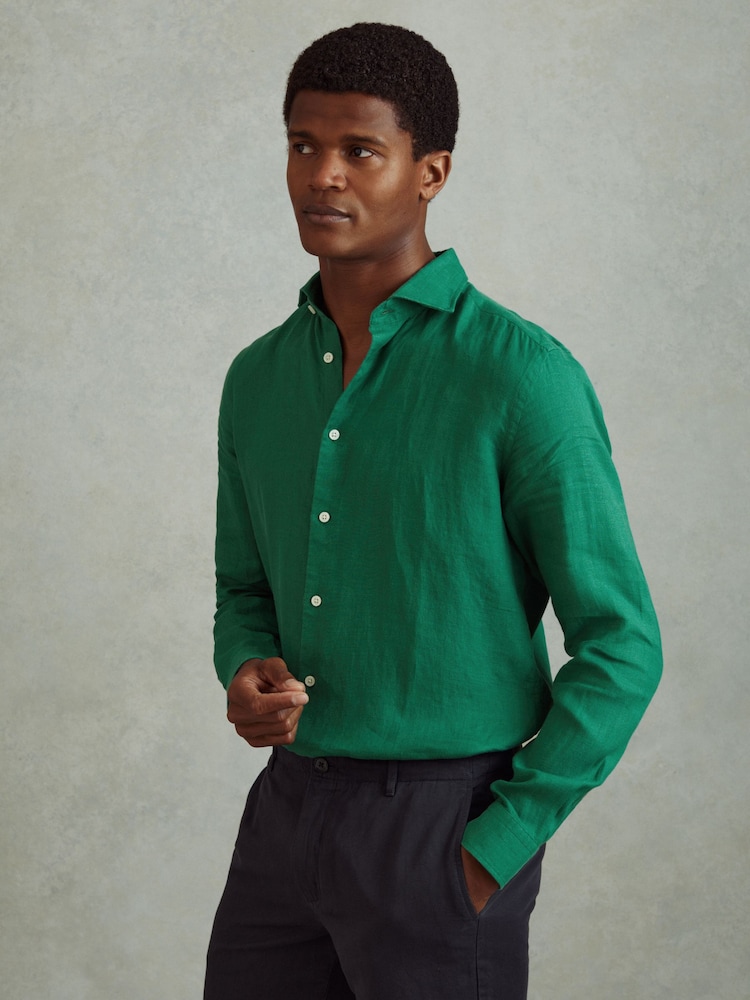 Reiss Bright Green Ruban Linen Button-Through Shirt - Image 1 of 6