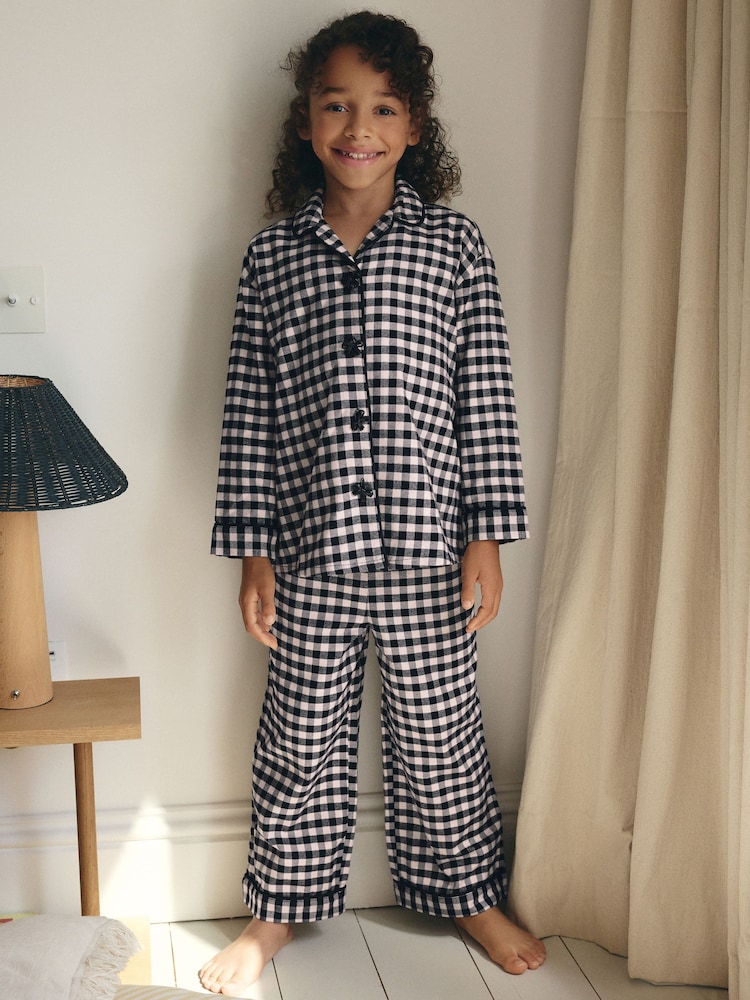 Monochrome Gingham Woven Button Through 100% Cotton Pyjamas 1 Pack (3-16yrs) - Image 1 of 8 Monochrome Gingham Woven Button Through 100% Cotton Pyjamas 1 Pack (3-16yrs) - Image 1 of 8