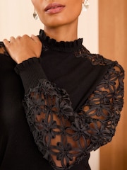 Love & Roses Pure Black Fine Gauge Woven Mix Flute Sleeve Jumper - Image 1 of 4