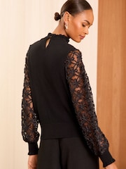 Love & Roses Pure Black Fine Gauge Woven Mix Flute Sleeve Jumper - Image 2 of 4