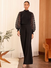 Love & Roses Pure Black Fine Gauge Woven Mix Flute Sleeve Jumper - Image 3 of 4