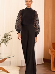 Love & Roses Pure Black Fine Gauge Woven Mix Flute Sleeve Jumper - Image 4 of 4