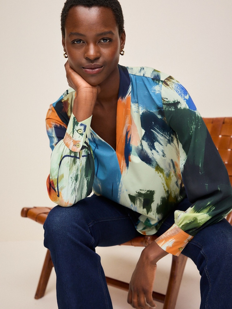 Multicolour Abstract Print Long Sleeve V-Neck Blouse - Image 1 of 6