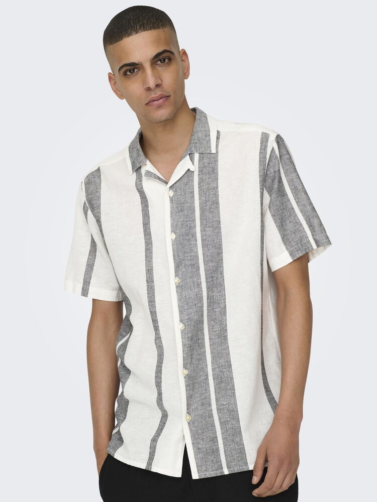 Only & Sons White Linen Printed Stripe Shirt - Image 1 of 6 Only & Sons White Linen Printed Stripe Shirt - Image 1 of 6