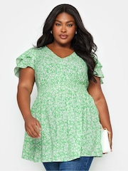 Yours Curve Green Ditsy Print Flutter Sleeve Peplum Top - Image 1 of 5