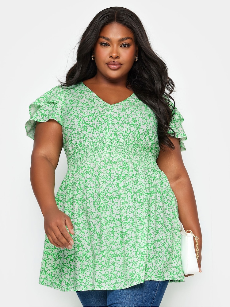 Yours Curve Green Ditsy Print Flutter Sleeve Peplum Top - Image 1 of 5