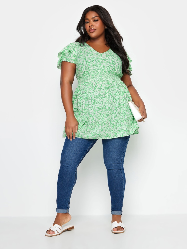 Yours Curve Green Ditsy Print Flutter Sleeve Peplum Top - Image 2 of 5