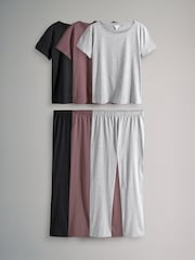 The Set Black/Grey/Pink 3 Pack 100% Cotton Short Sleeve Pyjamas - Image 2 of 16