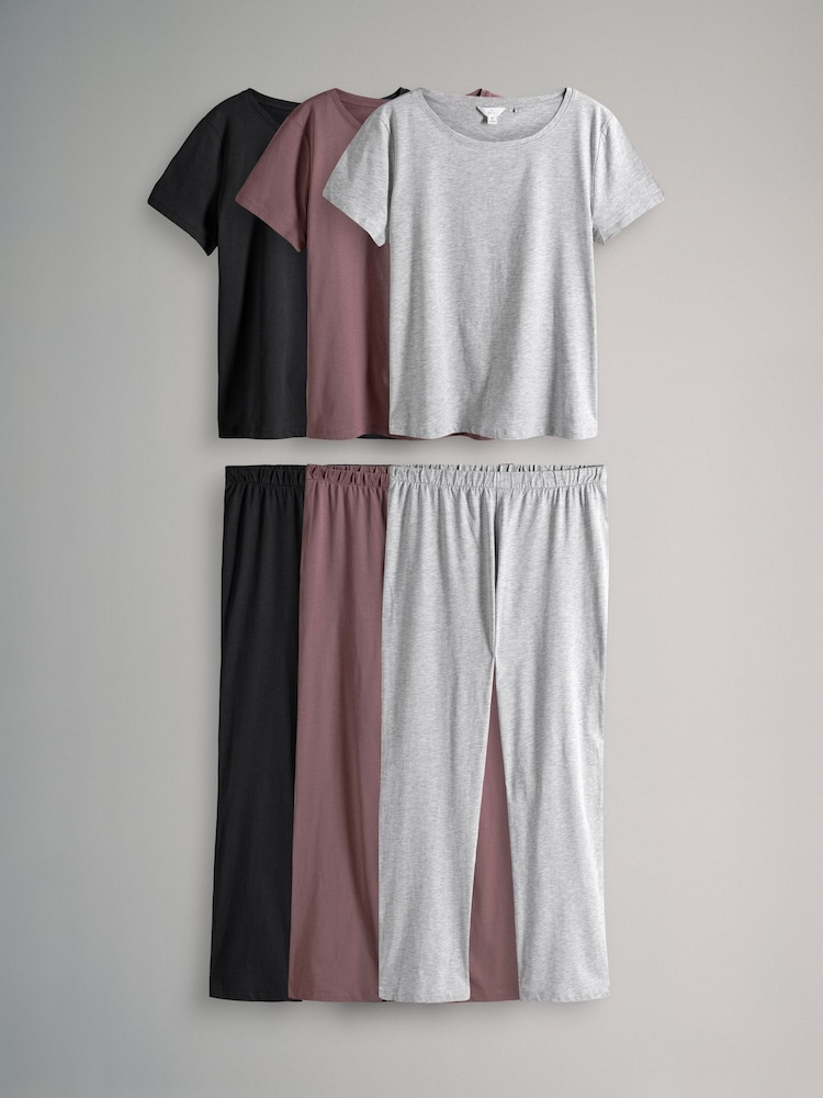 The Set Black/Grey/Pink 3 Pack 100% Cotton Short Sleeve Pyjamas - Image 2 of 16