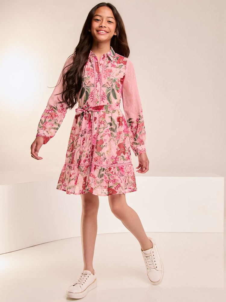 Rosa geblümt - Lipsy Hemdkleid mit Chiffonbesatz (5–16 Jahre) - Bild 2 von 4