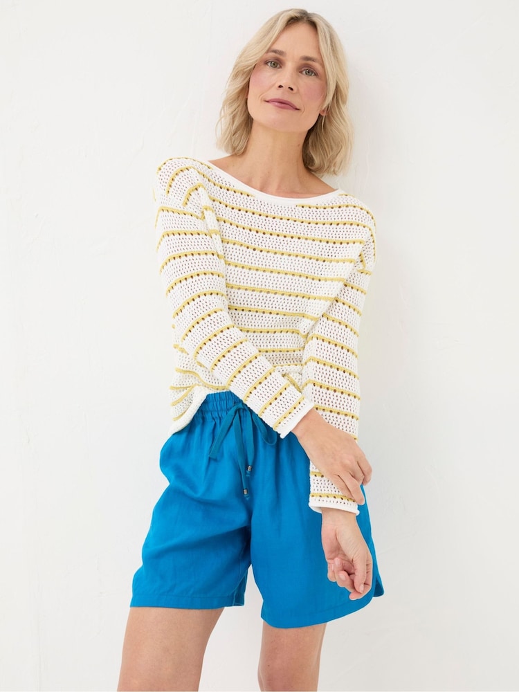 FatFace Kalani Yellow Crochet Stripe Jumper - Image 1 of 5
