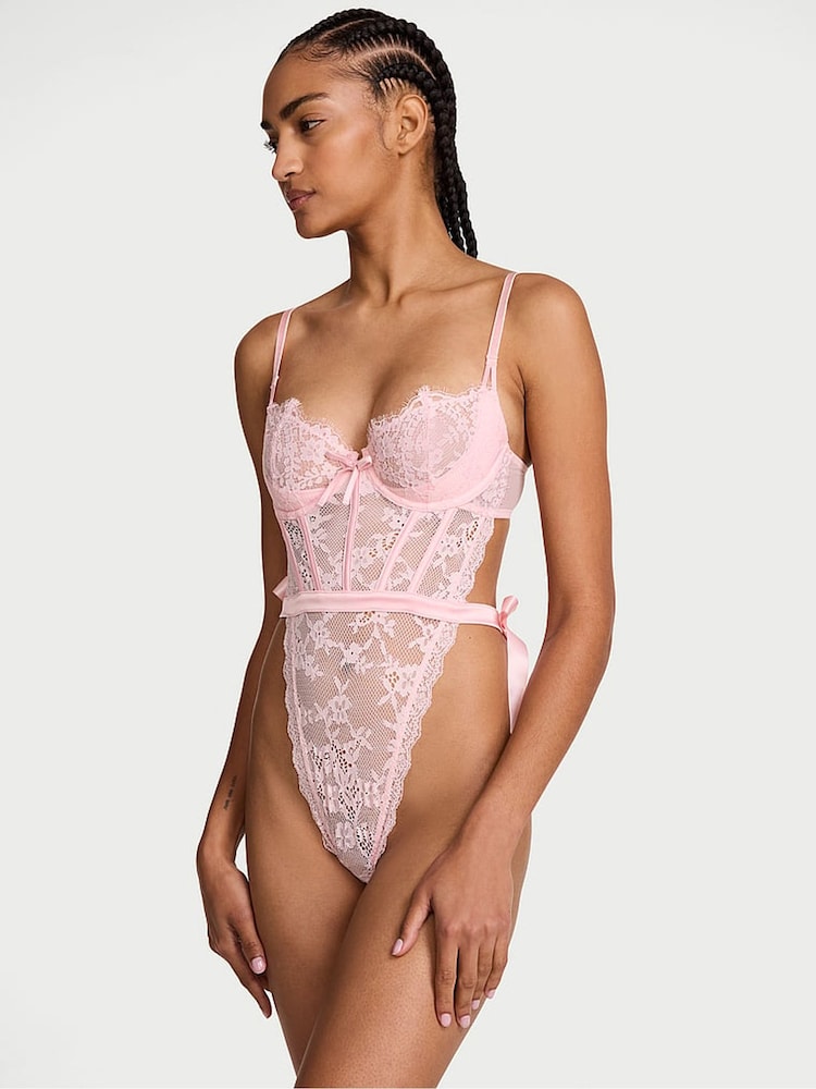 Victoria's Secret Angel Pink Unlined Lace Balcony Bodysuit - Image 1 of 2 Victoria's Secret Angel Pink Unlined Lace Balcony Bodysuit - Image 1 of 2