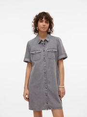 VERO MODA Grey Utility Denim Short Sleeve Shirt Dress - Image 1 of 6