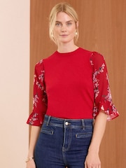 Love & Roses Bright Red Fine Gauge Woven Mix Flute Sleeve Jumper - Image 1 of 4