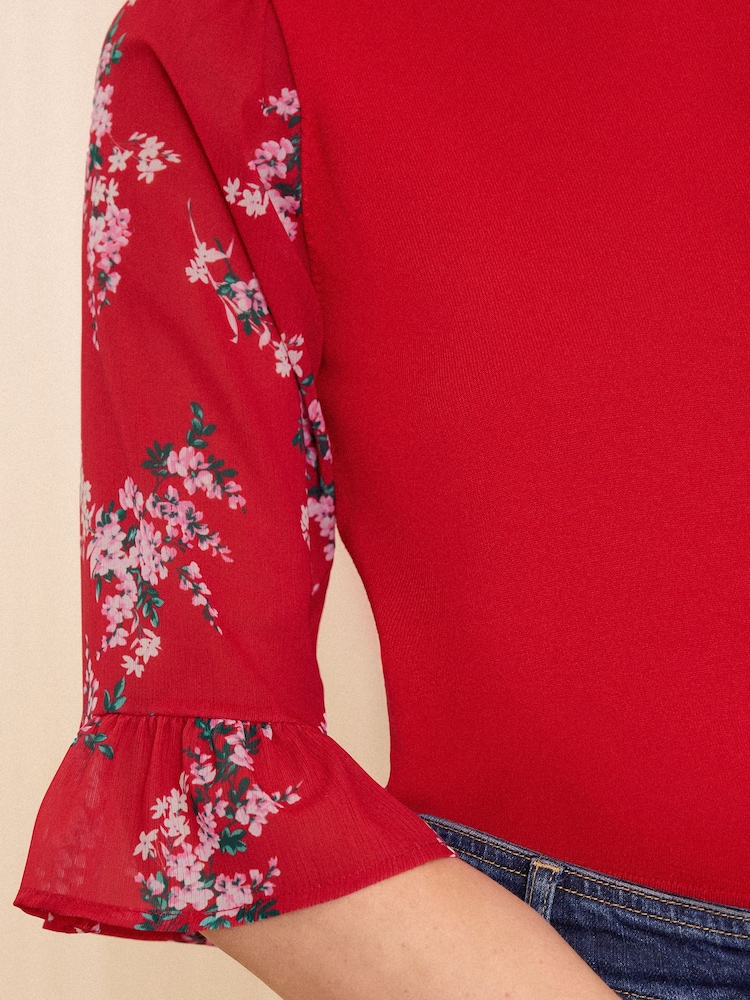 Love & Roses Bright Red Fine Gauge Woven Mix Flute Sleeve Jumper - Image 2 of 4