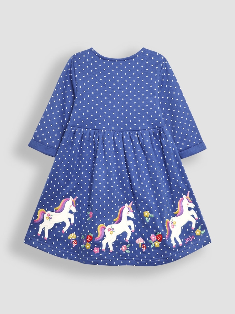 JoJo Maman Bébé Cornflower Unicorn Applique Button Front Dress - Image 2 of 3