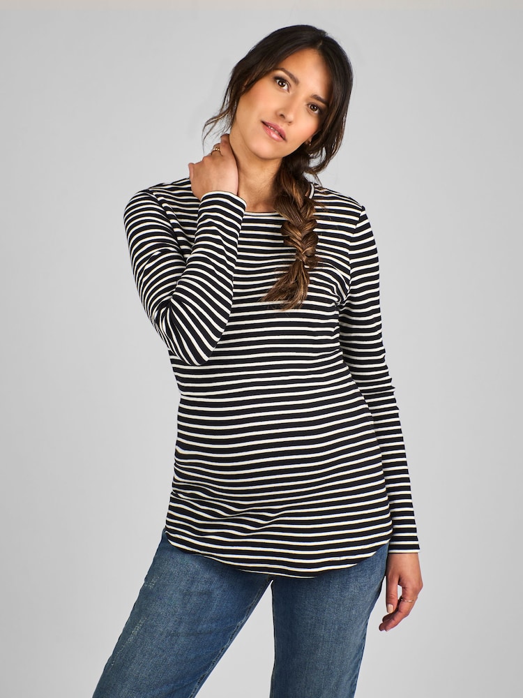 JoJo Maman Bébé Black & White Stripe Ribbed Jersey Maternity & Nursing Top - Image 1 of 4