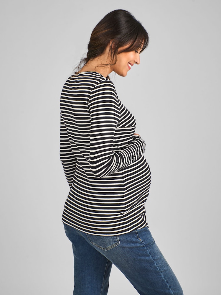 JoJo Maman Bébé Black & White Stripe Ribbed Jersey Maternity & Nursing Top - Image 2 of 4