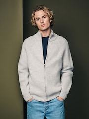 Grey Regular Fit 100% Italian Merino Signature Zip Through Jumper - Image 4 of 10