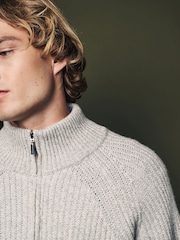 Grey Regular Fit 100% Italian Merino Signature Zip Through Jumper - Image 6 of 10