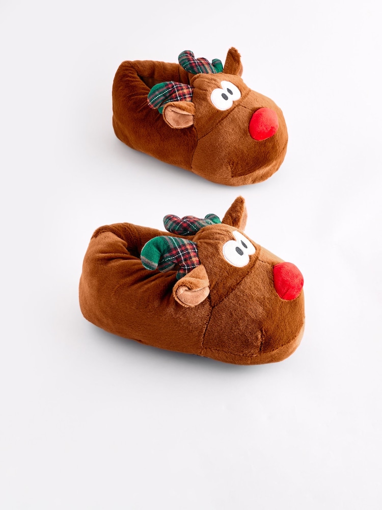 Brown Reindeer Christmas Slippers - Image 1 of 5
