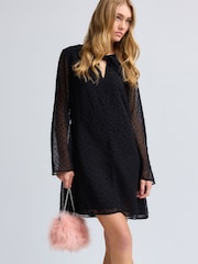 Black On Black Polka Dot Spot Bow Neck Detail Long Sleeve Mini Dress - Image 1 of 7