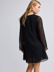 Black On Black Polka Dot Spot Bow Neck Detail Long Sleeve Mini Dress - Image 3 of 7