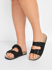 Yours Curve Black Faux Suede Buckle Strap Footbed Sandals In Extra Wide EEE Fit - Image 1 of 6
