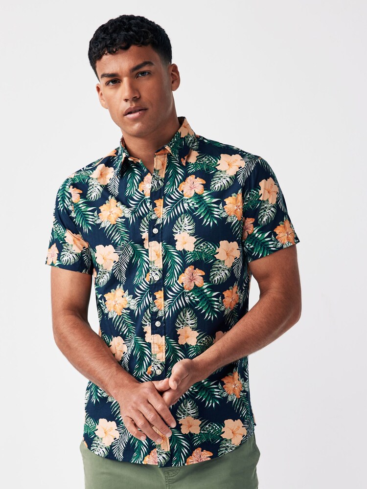 JACK & JONES Blue 100% Cotton Printed Short Sleeve Summer Shirt - Image 1 of 4