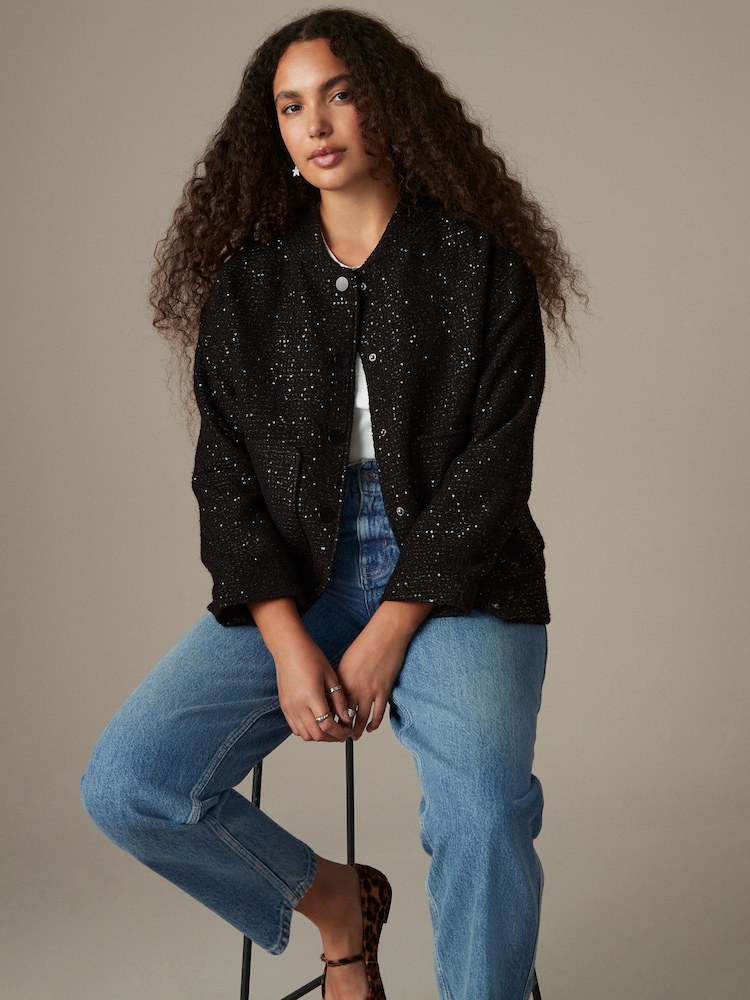Black Sequin Bomber Jacket - Image 1 of 9