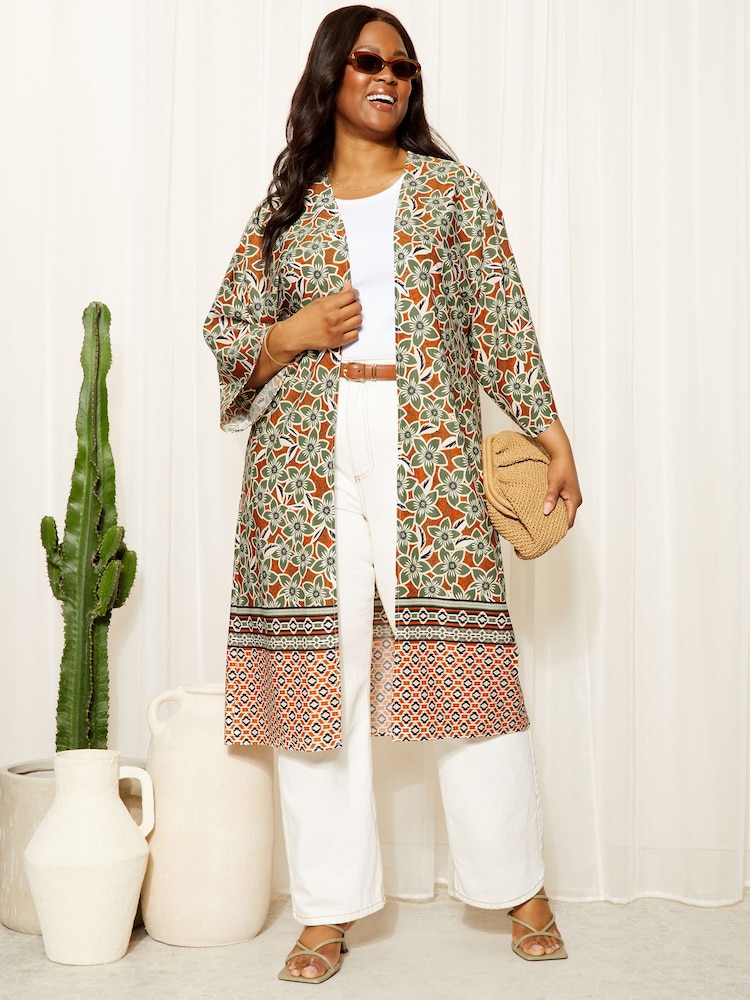 Curves Like These Brown Long Sleeve Longline Kimono - Image 1 of 4 Curves Like These Brown Long Sleeve Longline Kimono - Image 1 of 4