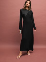 Black Long Sleeve Satin Mix Column Midi Dress - Image 1 of 6