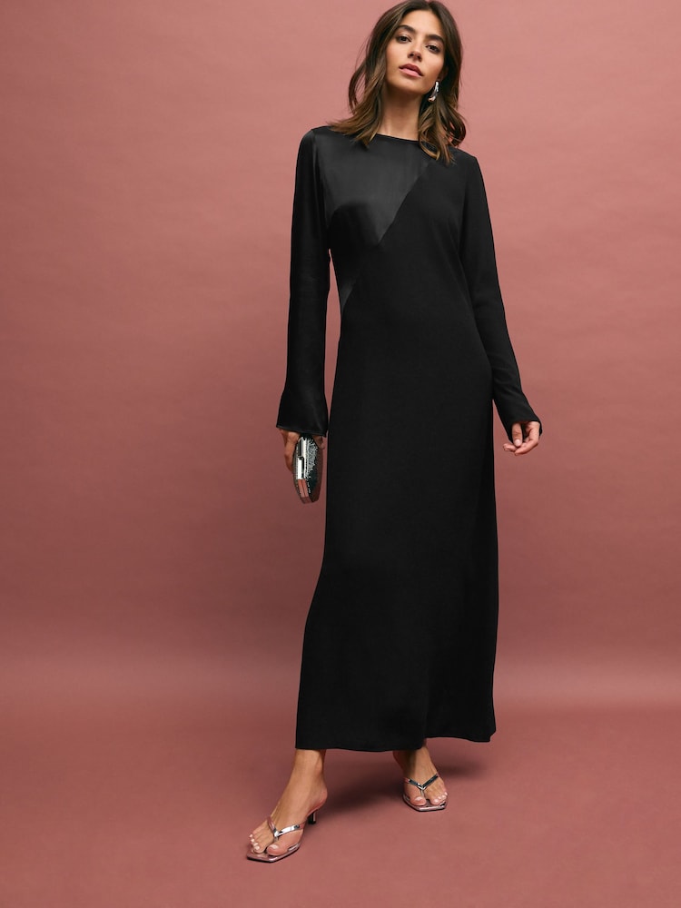 Black Long Sleeve Satin Mix Column Midi Dress - Image 1 of 6