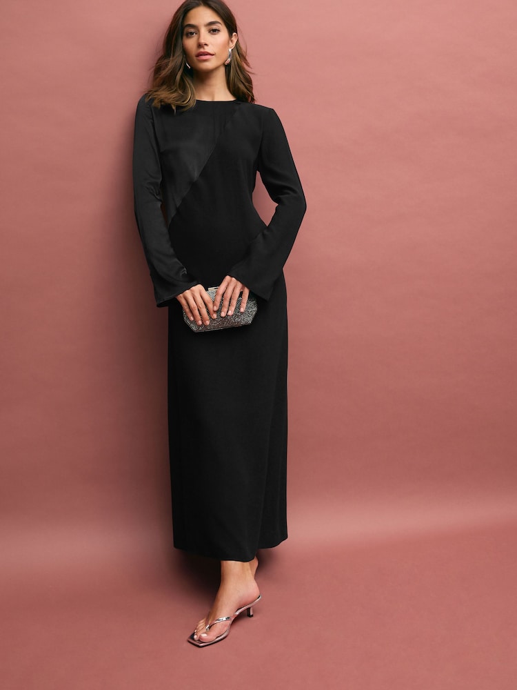 Black Long Sleeve Satin Mix Column Midi Dress - Image 2 of 6