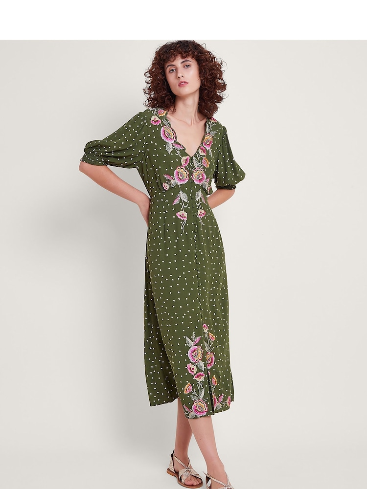 Monsoon Green Myla Embroidered Tea Dress - Image 1 of 5
