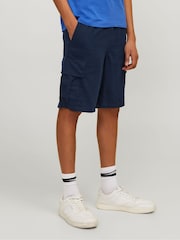 Синий - Синие свободные шорты-карго из ткани с добавлением льна JACK & JONES JUNIOR - Изображение 3 из 8