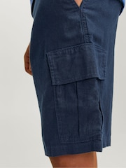 Синий - Синие свободные шорты-карго из ткани с добавлением льна JACK & JONES JUNIOR - Изображение 4 из 8