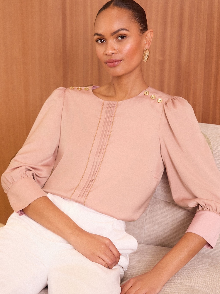 Love & Roses Pink Satin Pintuck Crew Neck Button Detail Long Sleeve Blouse - Image 1 of 4
