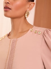 Love & Roses Pink Satin Pintuck Crew Neck Button Detail Long Sleeve Blouse - Image 2 of 4
