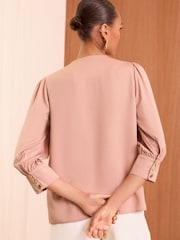 Love & Roses Pink Satin Pintuck Crew Neck Button Detail Long Sleeve Blouse - Image 3 of 4